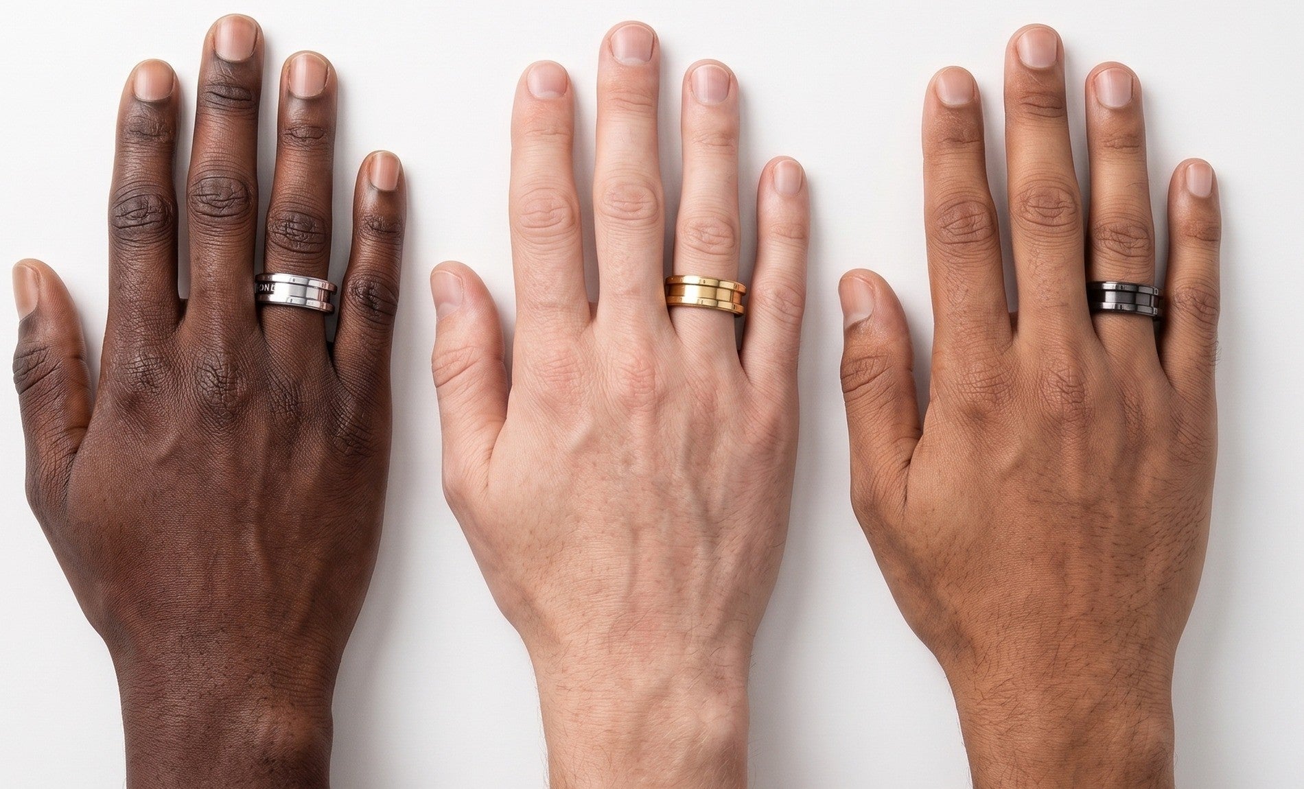 Ring One Gen-2 worn across a range of skin tones, showing consistent fit and sensor placement